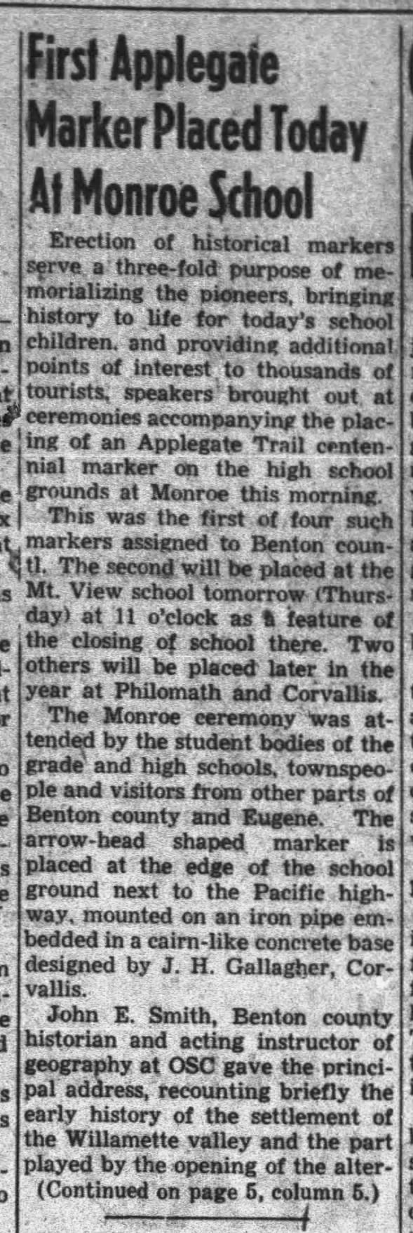 "First Applegate Marker Placed Today At Monroe School," 1 Corvallis Gazette-Times, May 28, 1947, p 1 col 2